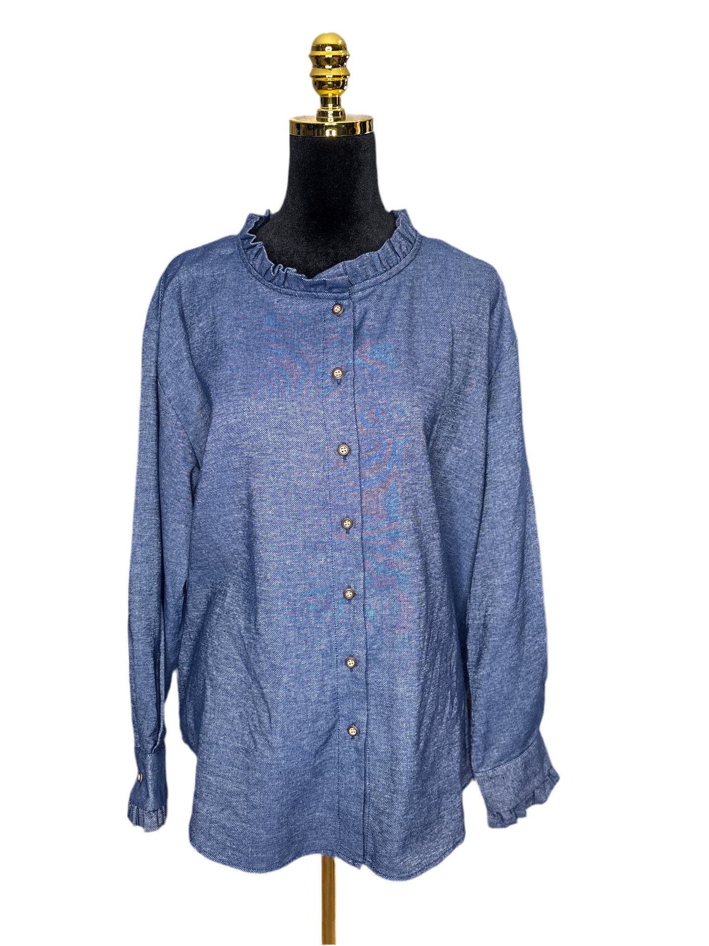 Lässige Bluse mit Rüschenkragen – soft & stilvoll in Jeansblau/Schwarz/Taupe