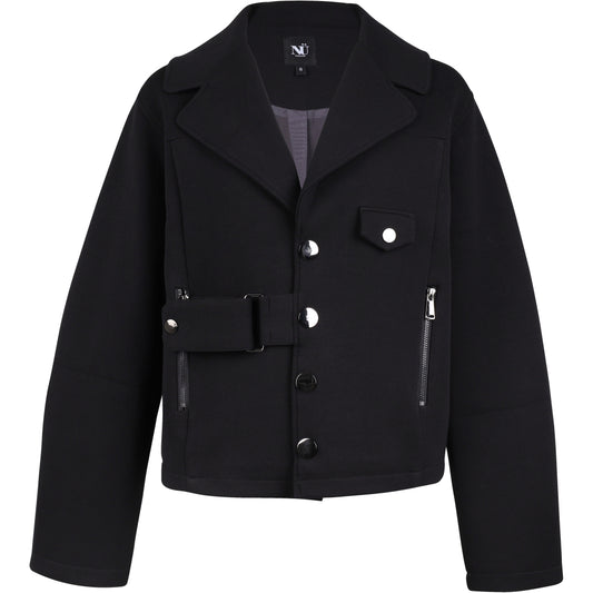 Schwarze Kurzjacke im Biker-Stil mit Reißverschlüssen & Schnallendetail - NÜ