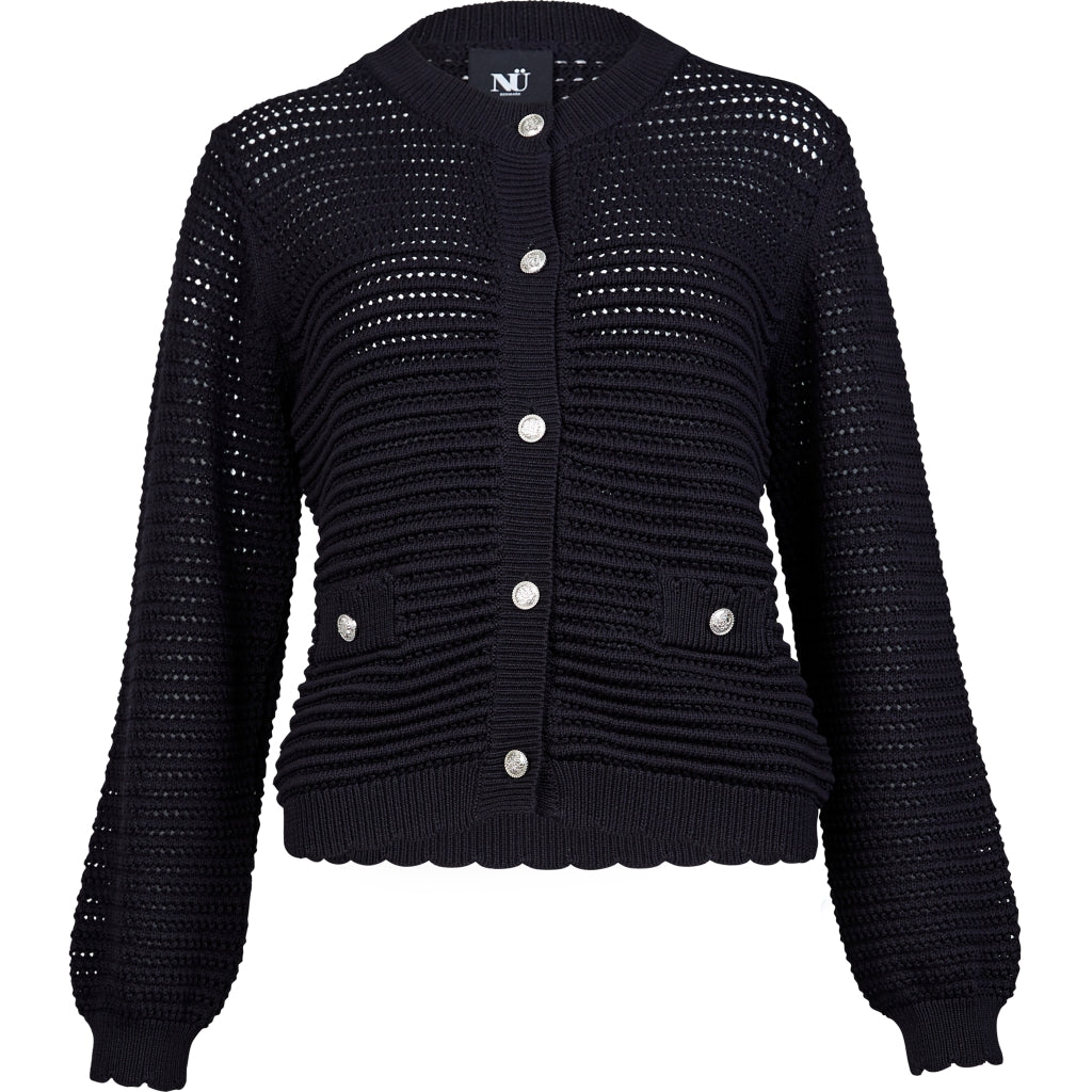 Elegante Strickjacke mit Häkelmuster und Zierknöpfen – Schwarz - Strickjacke - NÜ