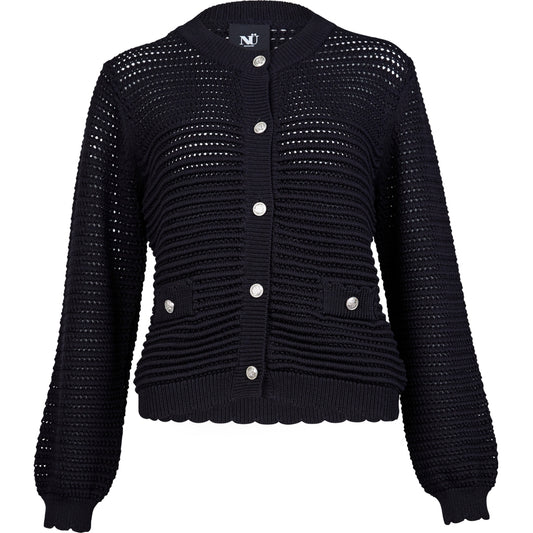 Elegante Strickjacke mit Häkelmuster und Zierknöpfen – Schwarz - Strickjacke - NÜ