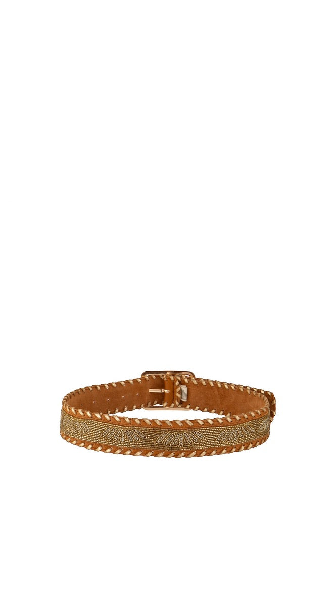 Handgefertigter Gürtel Pink Gold Ikat-Design mit türkisfarbener Ziernaht und goldfarbener Schnalle