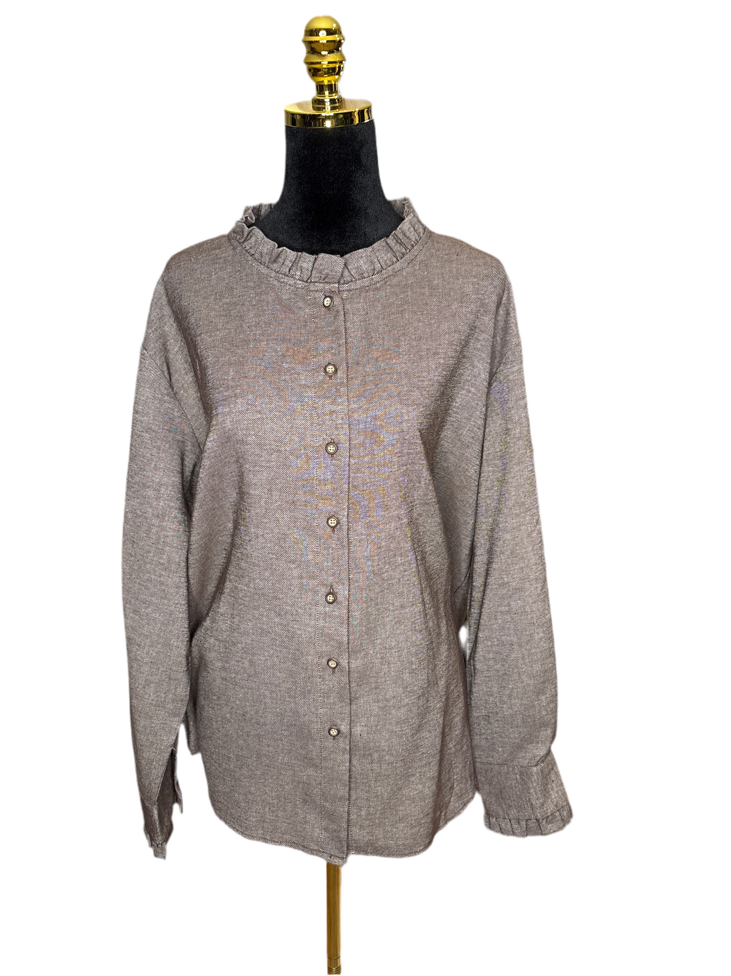 Lässige Bluse mit Rüschenkragen – soft & stilvoll in Jeansblau/Schwarz/Taupe