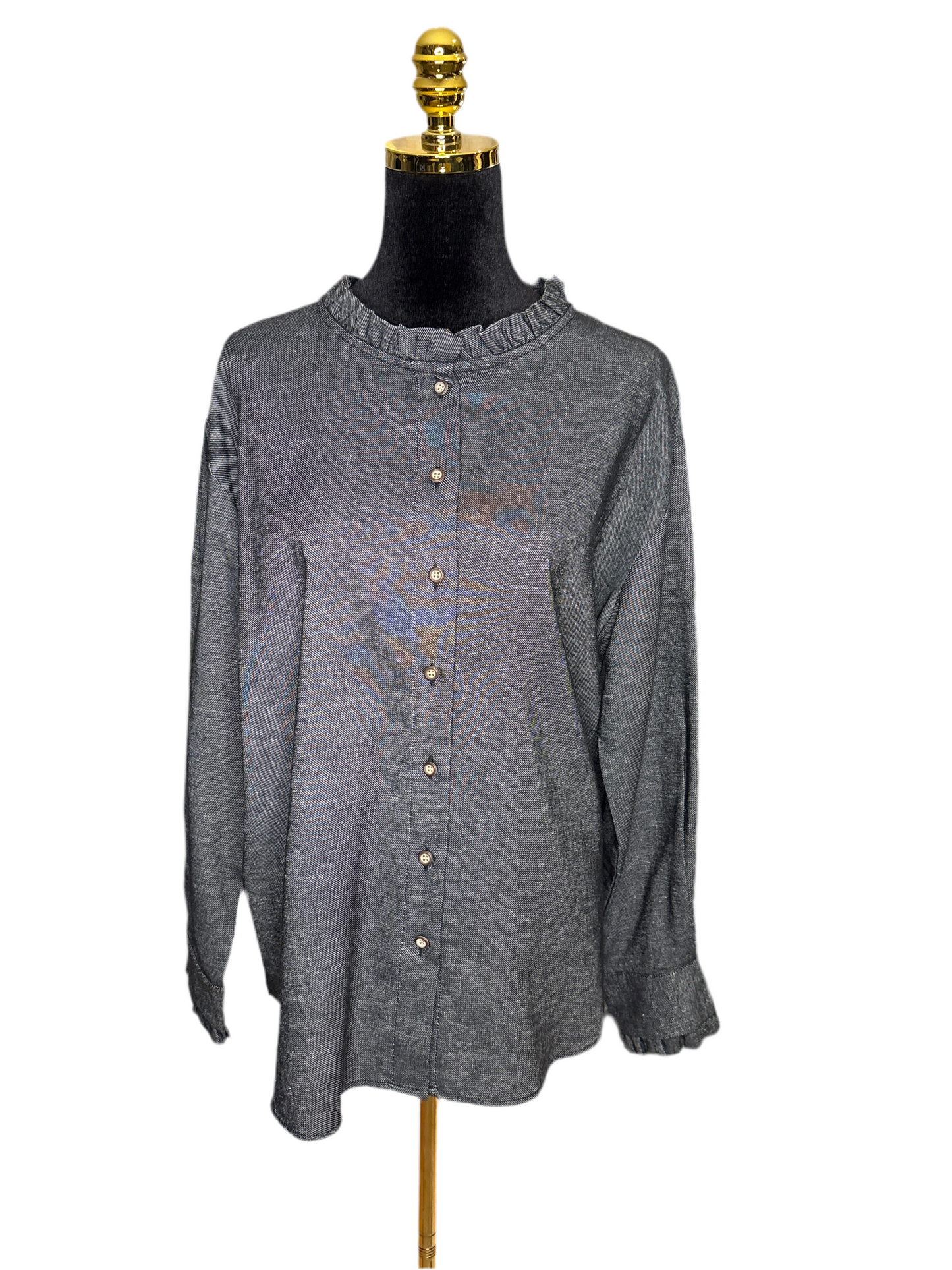 Lässige Bluse mit Rüschenkragen – soft & stilvoll in Jeansblau/Schwarz/Taupe