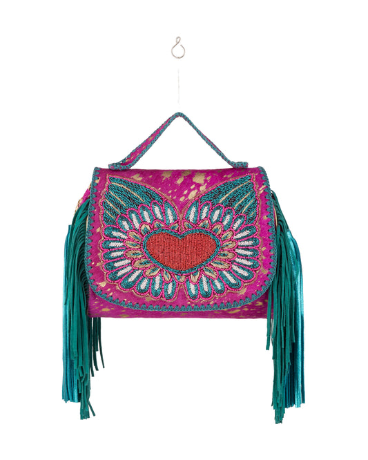 Bunte Umhängetasche mit Herz-Stickerei, Fransen & Boho-Design - Taschen
