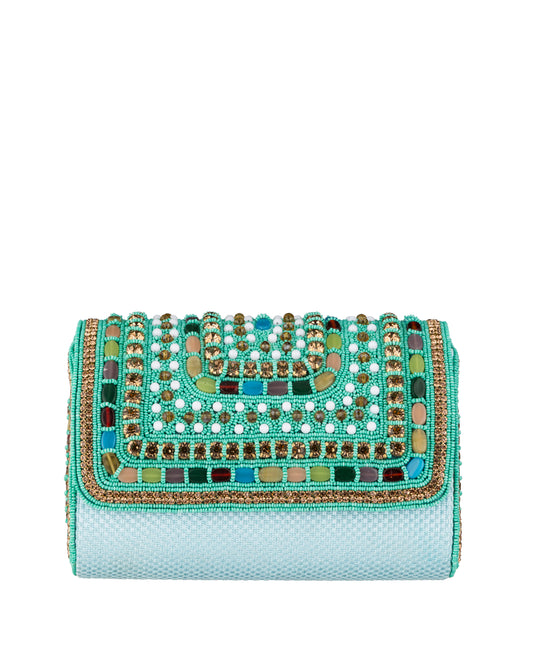 Clutch in Türkis mit bunten Perlen und Strasssteinen - Taschen