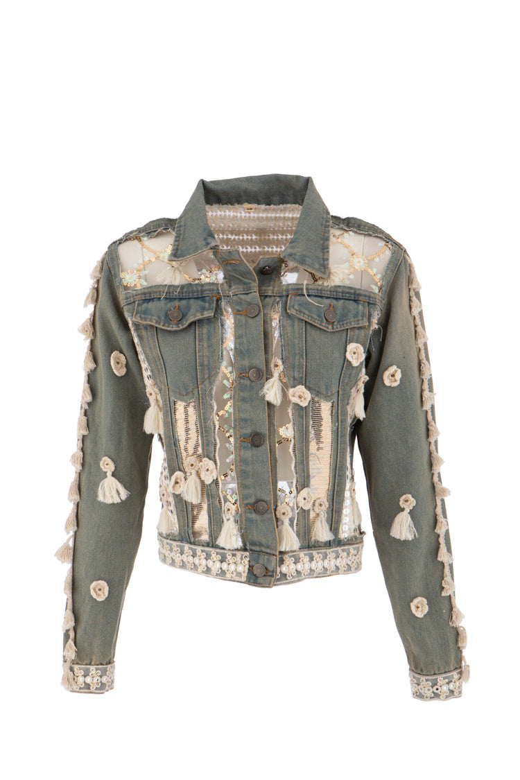 Boho Denim Jacke mit Häkel-, Pailletten- & Fransen-Details