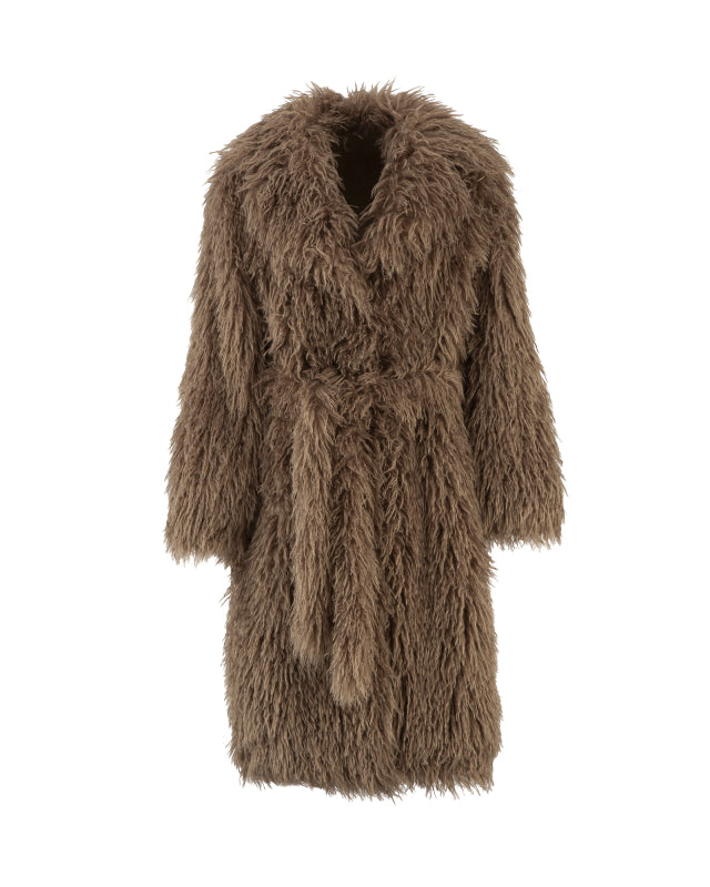 Wollmix-Mantel in Mongol-Fur-Optik – Taupefarbener Winter-Luxus - ALEX MAX - Gr. 34 bis 38