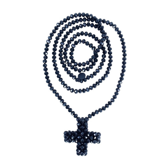 Elegante lange schwarze Perlenkette mit funkelndem Kreuzanhänger – ein stilvolles Accessoire für jeden Look - PLÜ