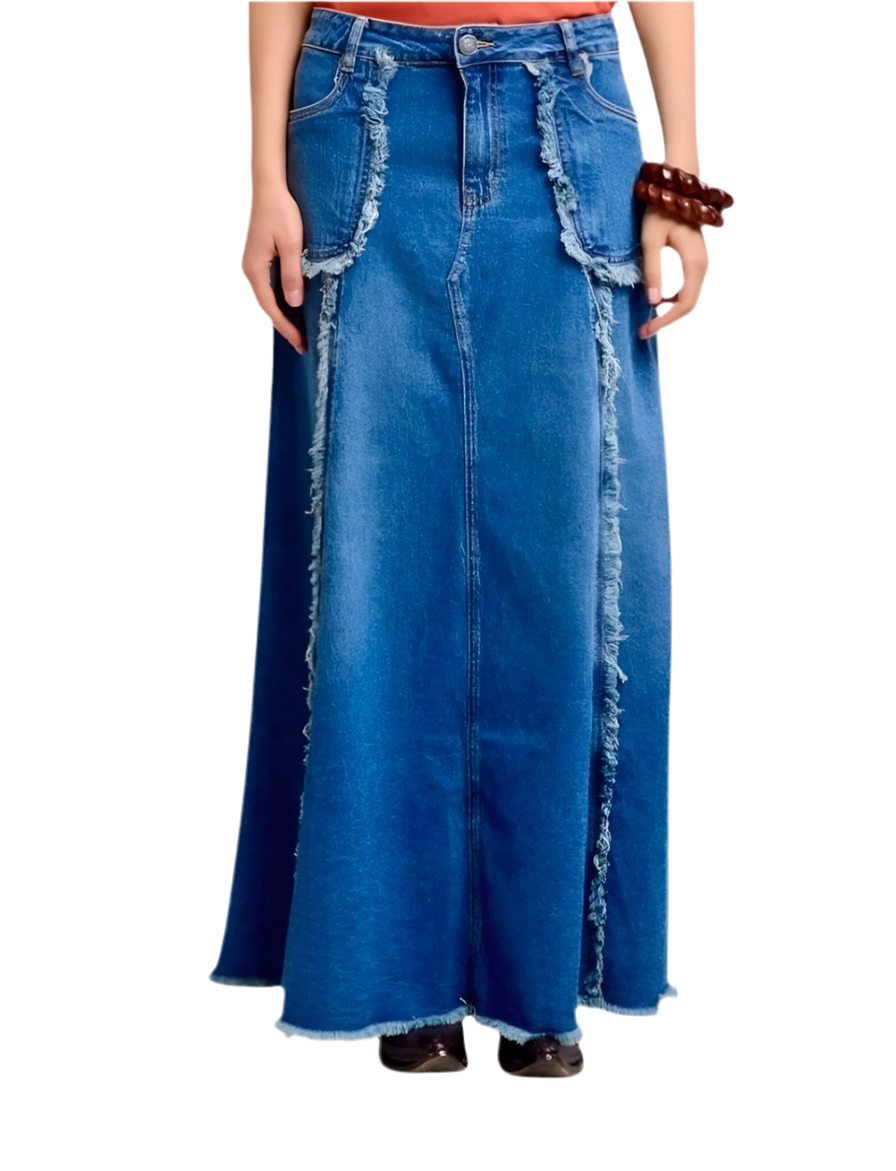 Langer Jeansrock mit Fransen-Details in Blau - Röcke