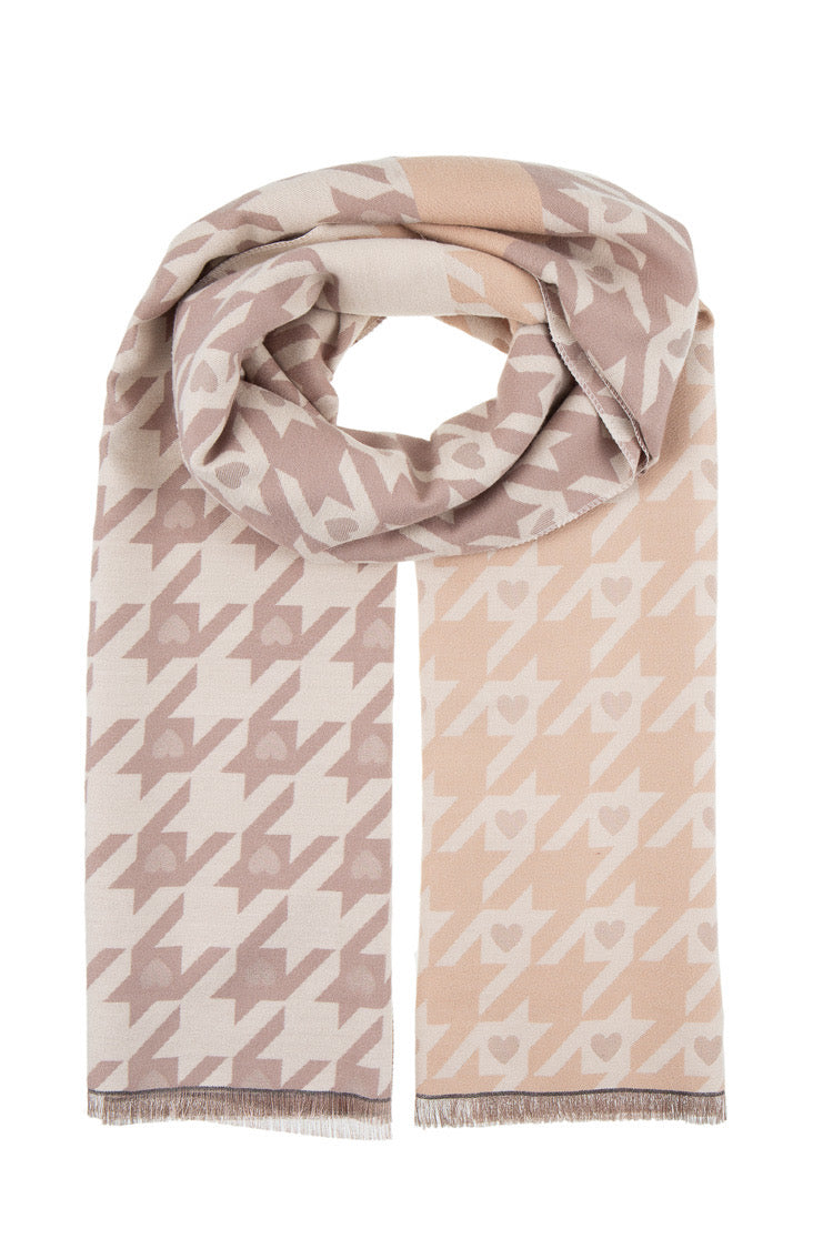 Schal mit Hahnentritt- und Herzmuster – Beige/Rosé