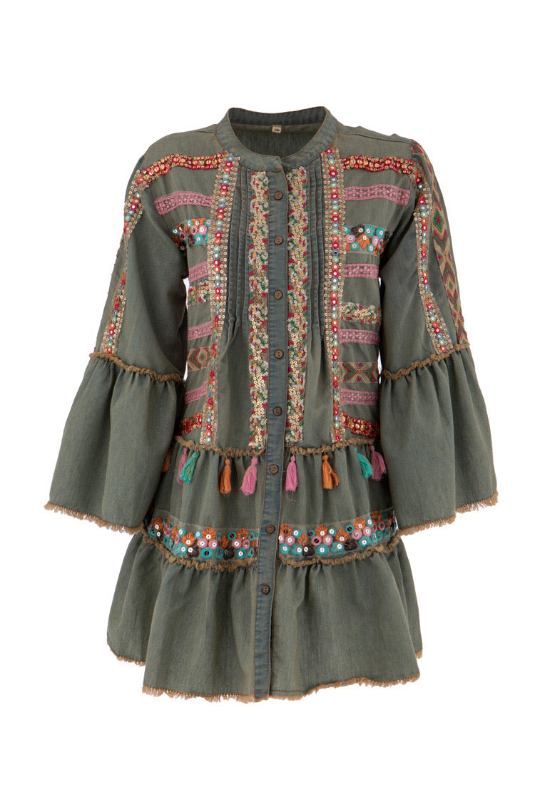 Boho Kleid aus Denim mit bunter Stickerei und Spiegel-Details - Kleid