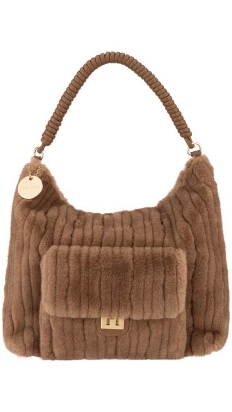 Faux-Fur Schultertasche in Braun/Taupe mit Frontfach & Flechthenkel - ALEX MAX