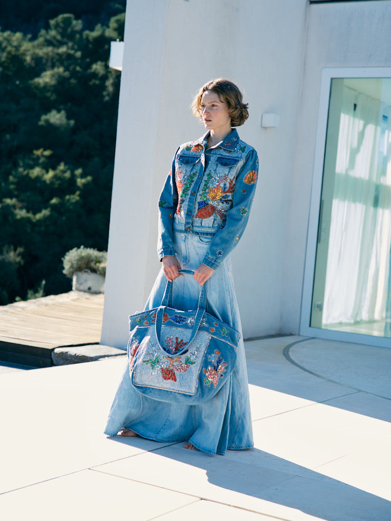 Denim Shopper mit bunter Meeresstickerei – Große bestickte Jeans Tote Bag - Taschen
