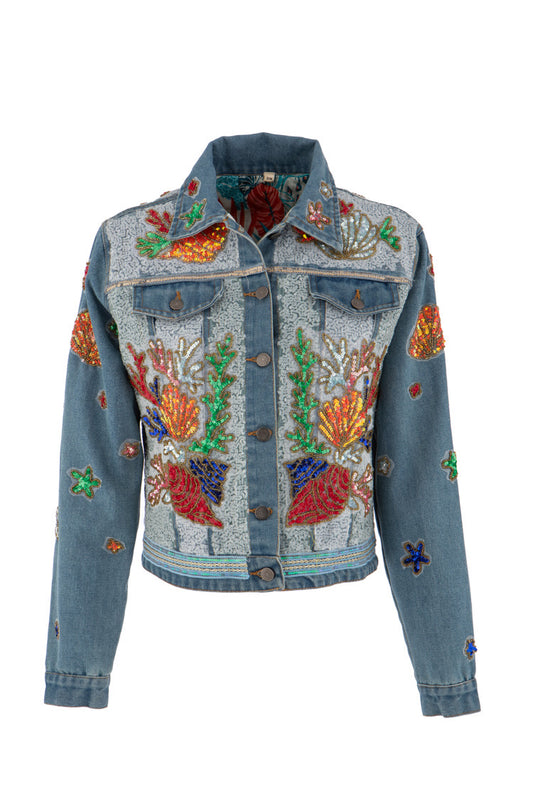Denim Jacke mit bunter Korallenstickerei – Meerjungfrau Statement Jeansjacke