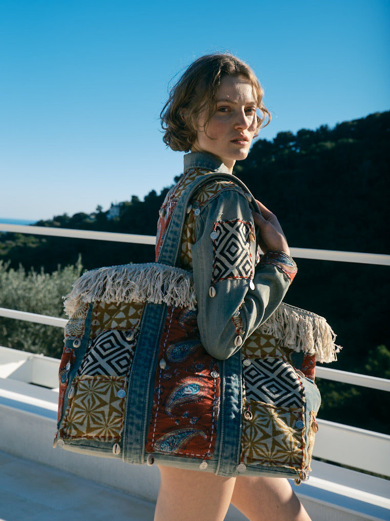 Boho Patchwork Denim Tasche mit Fransen - Taschen