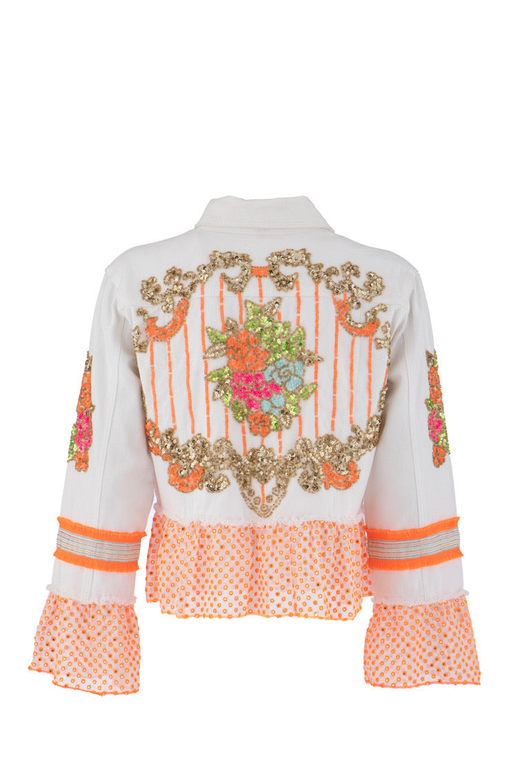 Weiße Jacke mit floraler Paillettenstickerei und neonorangen Details – Boho Chic Statement Jacke